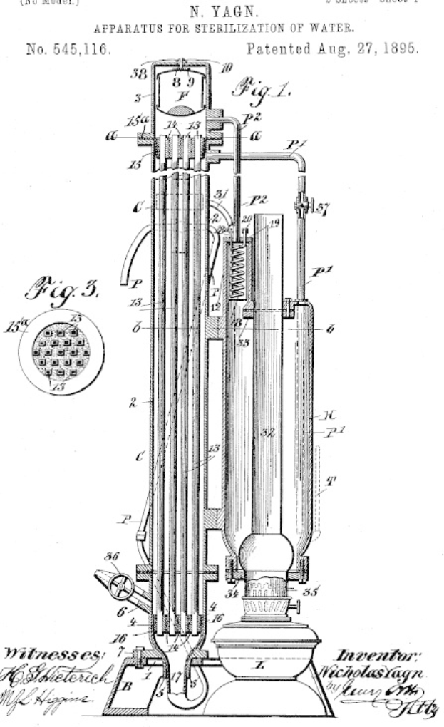 Patentzeichnung einer Vorrichtung zum Sterilisieren von Wasser, beschriftet mit 'Vorrichtung zur Sterilisation von Wasser', mit detaillierten Diagrammen und Text auf einem weißen Hintergrund.
