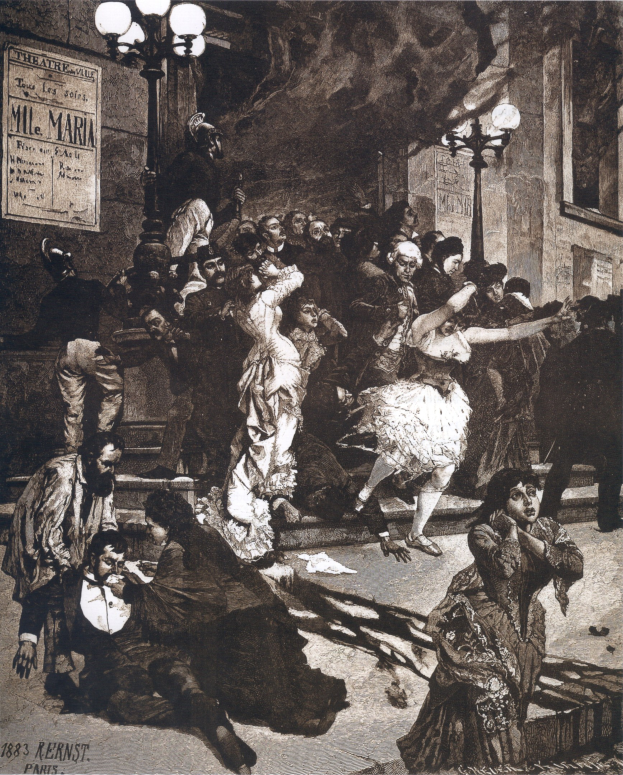 Schwarze und weiße Illustration von tanzenden Menschen vor einem Gebäude mit Laternen und einer wandmontierten Tafel, betitelt 'Der Tanz der Oper' unten.