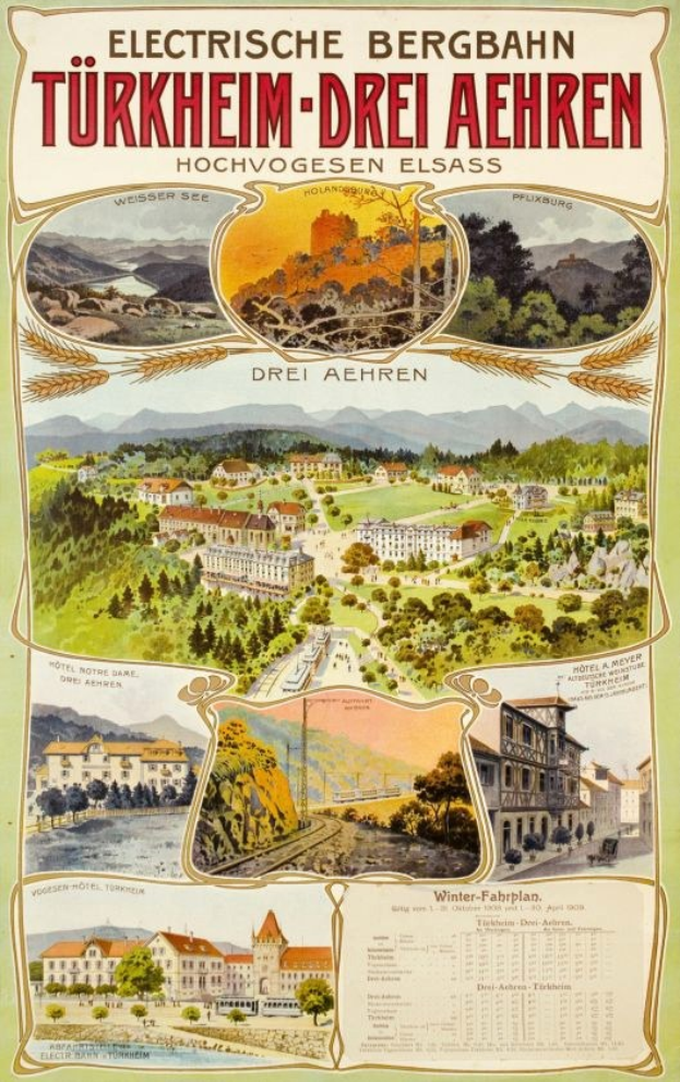 Plakat für Bergbahn, Deutschland, zeigt Gebäude, Bäume, Hügel und beschreibenden Text.