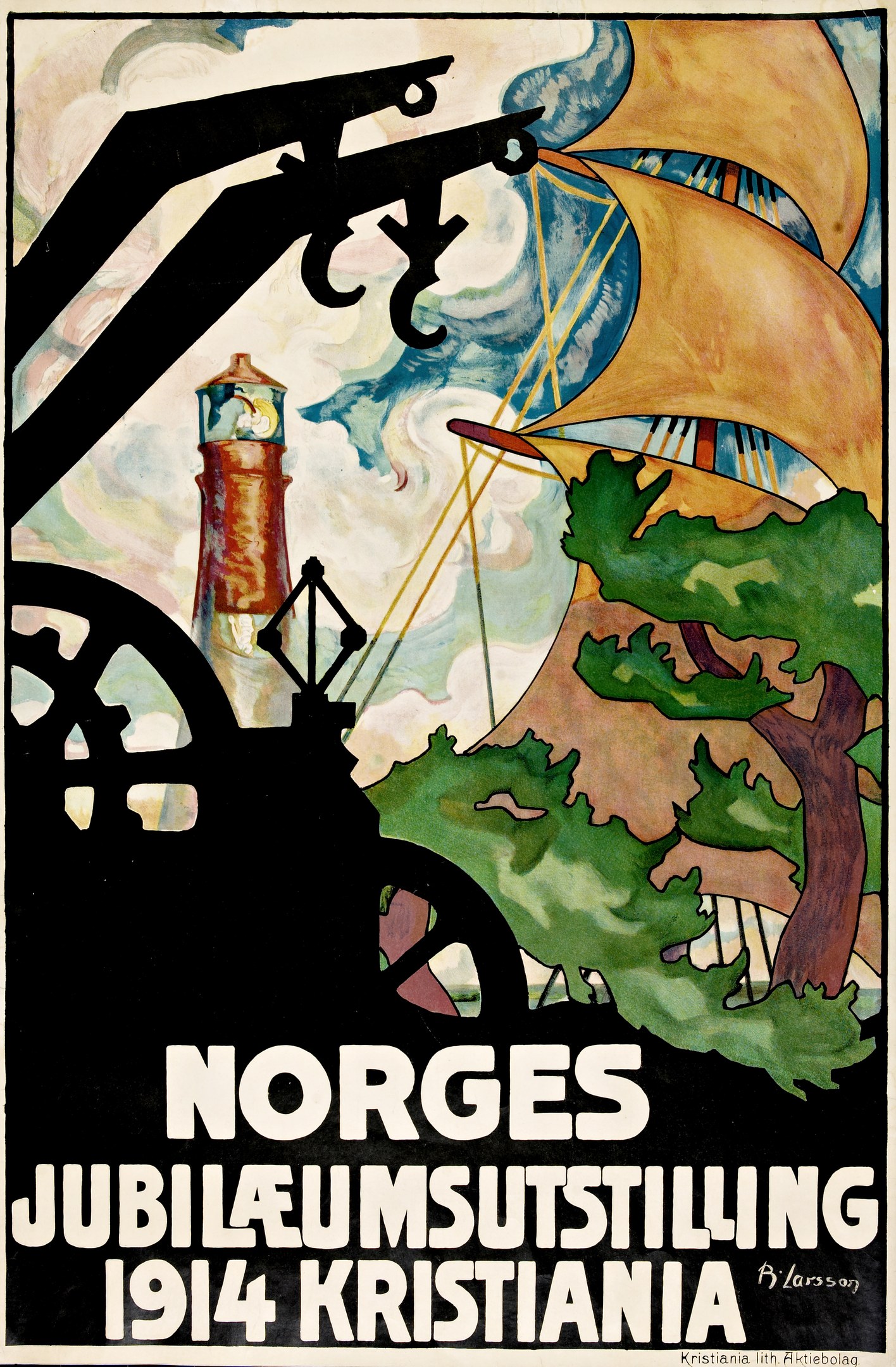 Plakat für die Norges Jubiläumsutstilling 1914 Kristiana mit einem Schiff, einem Leuchtturm und Bäumen sowie Text mit Veranstaltungseinzelheiten.