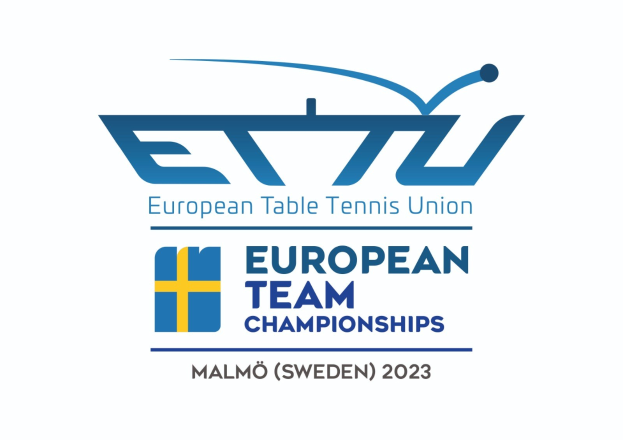 Das Logo der Europäischen Tischtennis-Union (ETU) mit dem Text "Europäische Mannschaftsmeisterschaften" darunter, das einen blauen Kreis, einen weißen Tennis-Schläger und einen weißen und blauen Rand in einer fetten schwarzen Schriftart zeigt.