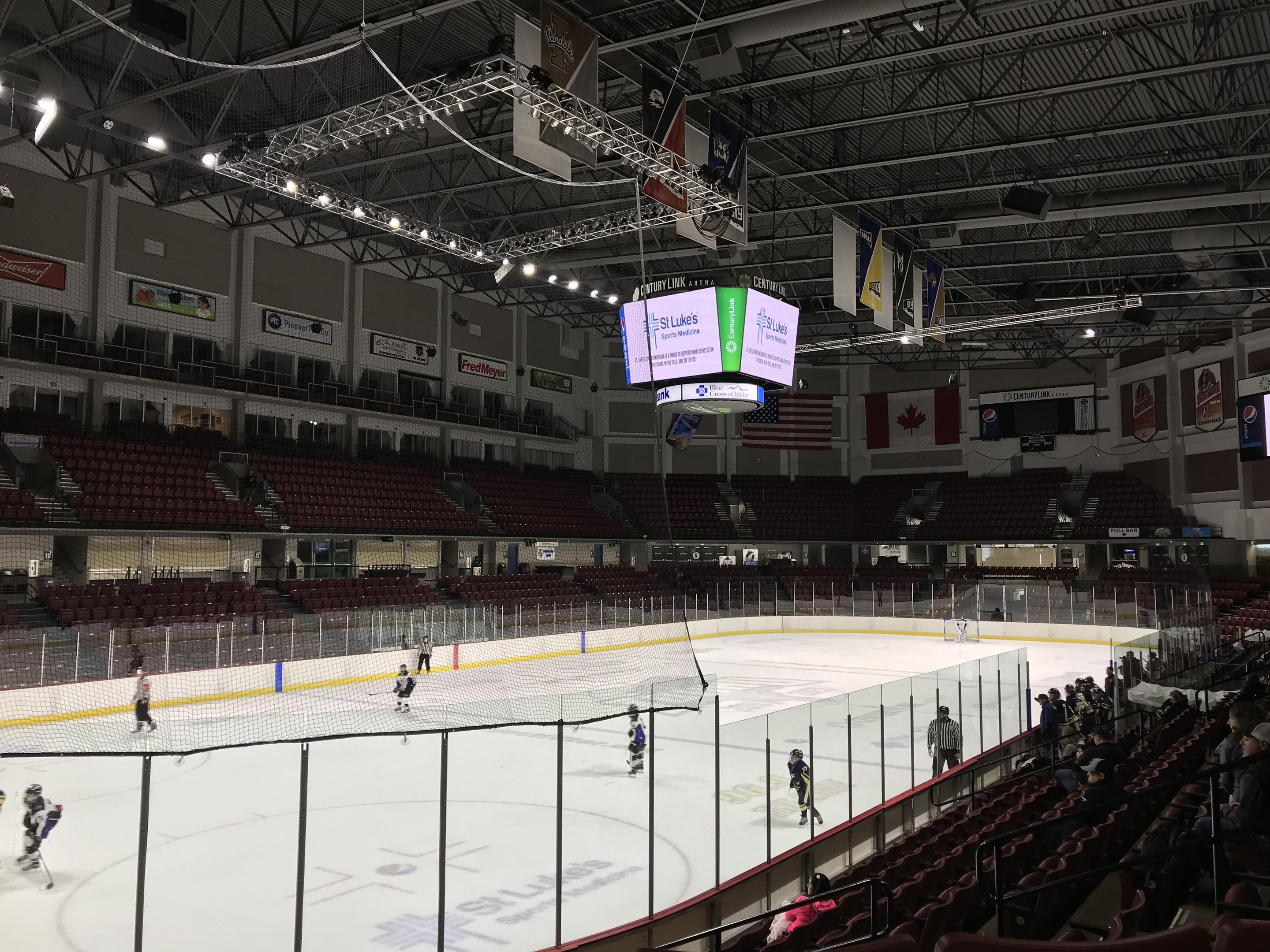 Hockey-Spiel in einer großen Arena mit einem zentralen Netz, Zuschauern auf beiden Seiten, Deckenbeleuchtung und Trägern sowie Bannern an den Wänden, die als St. Louis Blues Arena beschriftet sind.