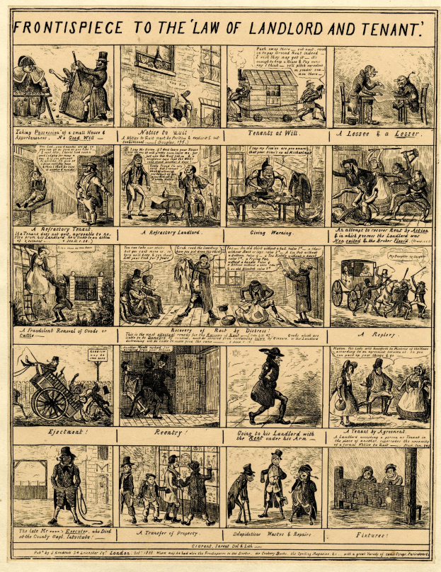 Karikative Illustrationen von Menschen, Gebäuden und Gegenständen begleiten fett gedruckten Text auf einem Papier, das das Mietrecht darstellt und von einem dekorativen Rahmen umgeben ist.