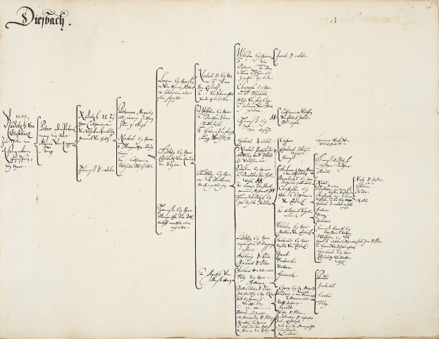 Offenes Buch mit handschriftlicher genealogischer Familiengeschichte einer deutschen Familie, die die Abstammung und Mitglieder detailliert beschreibt.