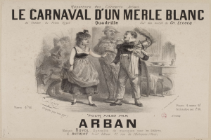 Ein Blatt Papier mit einer Zeichnung eines Mannes und einer Frau in traditioneller Kleidung vor einem festlichen Karneval, beschriftet mit "le carnaval d'un merle blanc."