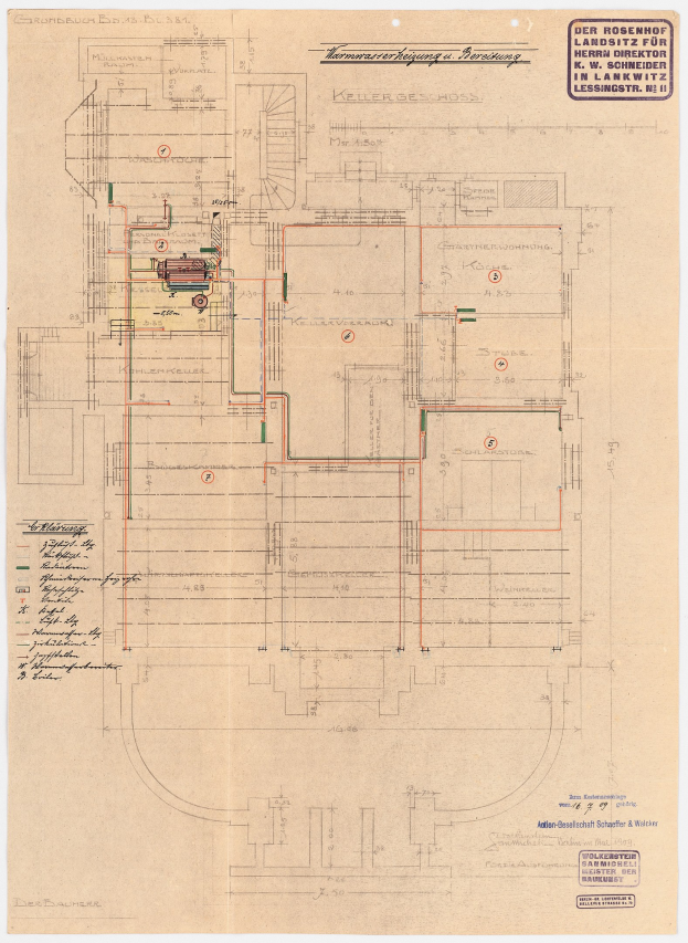 Schwarz-weißes Architekturzeichnung des Rosenhof-Krankenhauses in Hamburg, Deutschland, zeigt detaillierten Aufbau mit zahlreichen Drähten, Räumen, Fluren und Textanmerkungen.