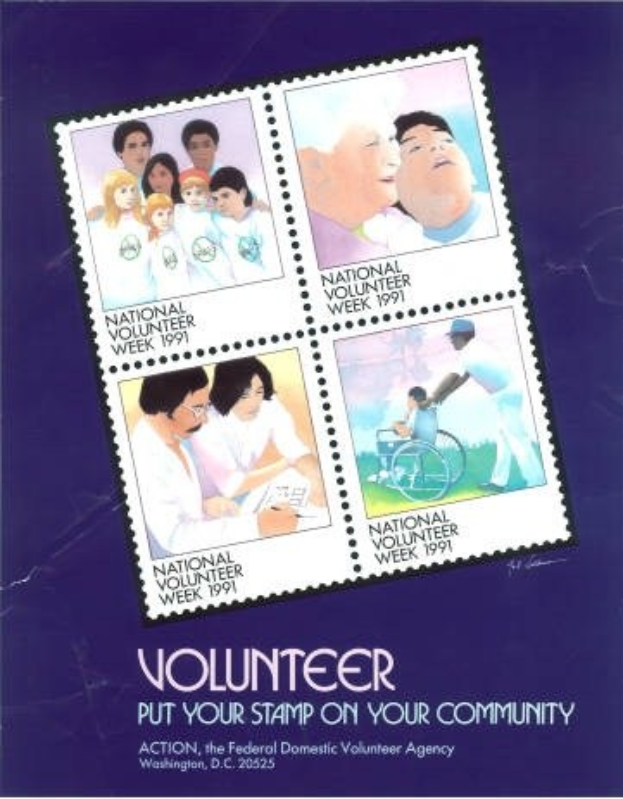 Plakat mit der Überschrift "Volunteer Put Your Stamp On Your Community" mit einer Gruppe strahlender Menschen vor einem hellblauen Himmel mit weißen Wolken.