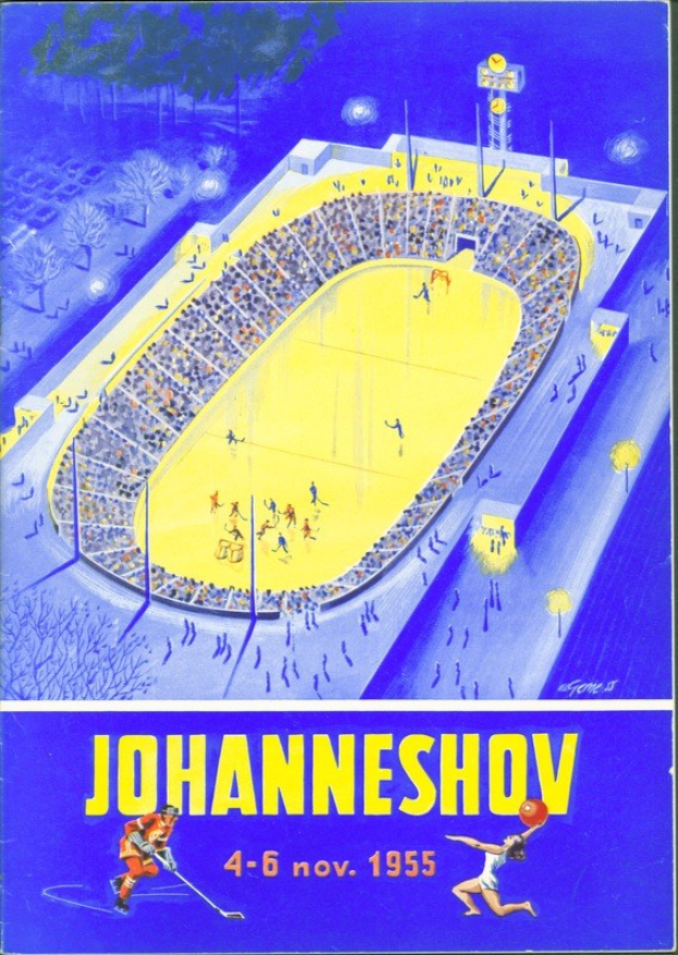 Plakat aus dem Jahr 1955, das ein Eishockeyspiel in Johannesburg, Südafrika, ankündigt und einen vollen Stadion mit Bäumen und Lichtern sowie Text und Zahlen zeigt.