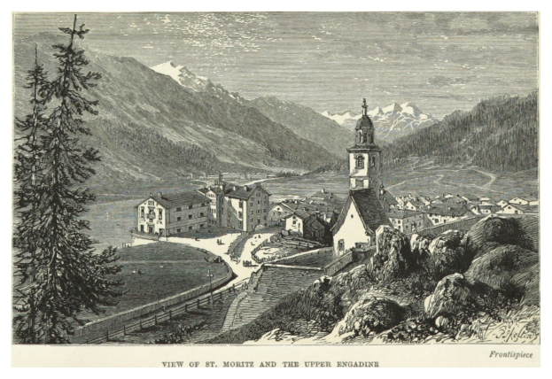 Ein Blick auf St. Moritz und das Oberengadin mit Gebäuden, Bäumen und Bergen im Hintergrund, mit Text unten.