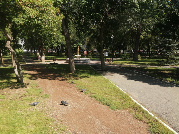 Ein Park mit einer Straße hindurch, gesäumt von Bäumen und Gras, mit einem zentralen Brunnen und beleuchtet von Straßenlaternen.