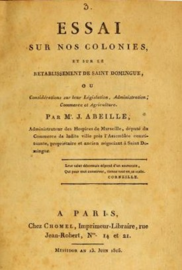 Umschlag eines alten Buches mit dem Titel "Essai sur nos Colonies, et sur l'Établissement de Saint-Domingue", wahrscheinlich eine Sammlung von Essays zur französischen Kolonialgeschichte und Saint-Domingue.