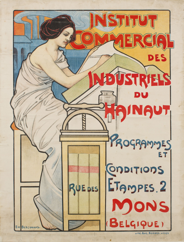 Ein Plakat für das Institut Commercial des Industriels du Hainaut, das eine sitzende Frau mit einem Buch zeigt, mit Text, der Institutsdetails bereitstellt.