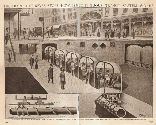 Eine Zeitung mit Bildern von Menschen, Zügen und anderen Gegenständen sowie dem Titel "Der Zug, der nie aufhört - wie das ständige Transportsystem funktioniert".