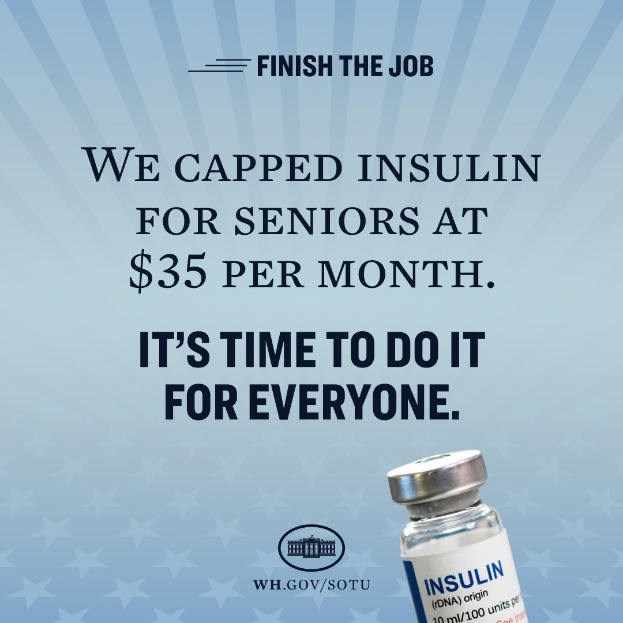 Plakat mit einem Insulinfläschchen auf der rechten Seite und dem Text "Wir haben Insulin für Senioren auf 35 USD pro Monat begrenzt. Es ist an der Zeit, das für alle zu tun."