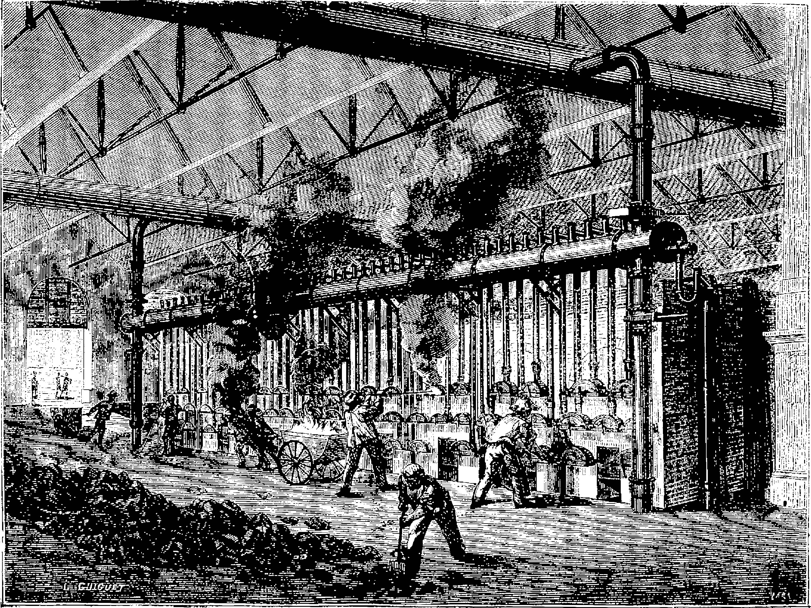 Schwarz-weiß-Zeichnung eines belebten Stahlwerks aus den 1910er Jahren mit Arbeitern, Pfählen und Maschinen.