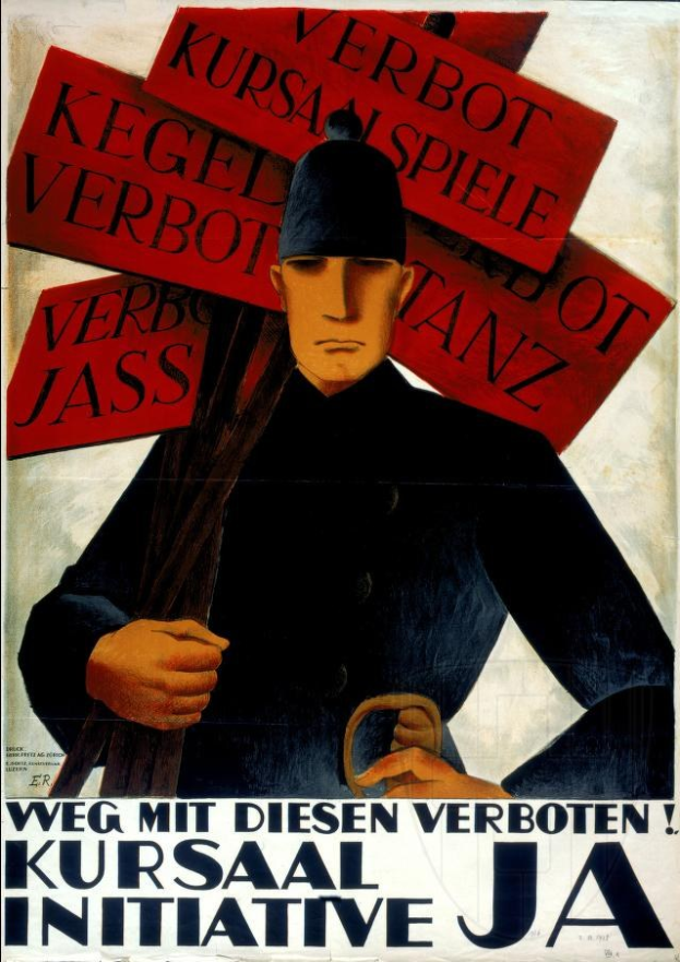 Deutsches Propagandaplakat "Kursaal-Initiative" mit einem Soldaten in Uniform, der ein Schild mit der Aufschrift "Weg mit diesen Verboten" hält