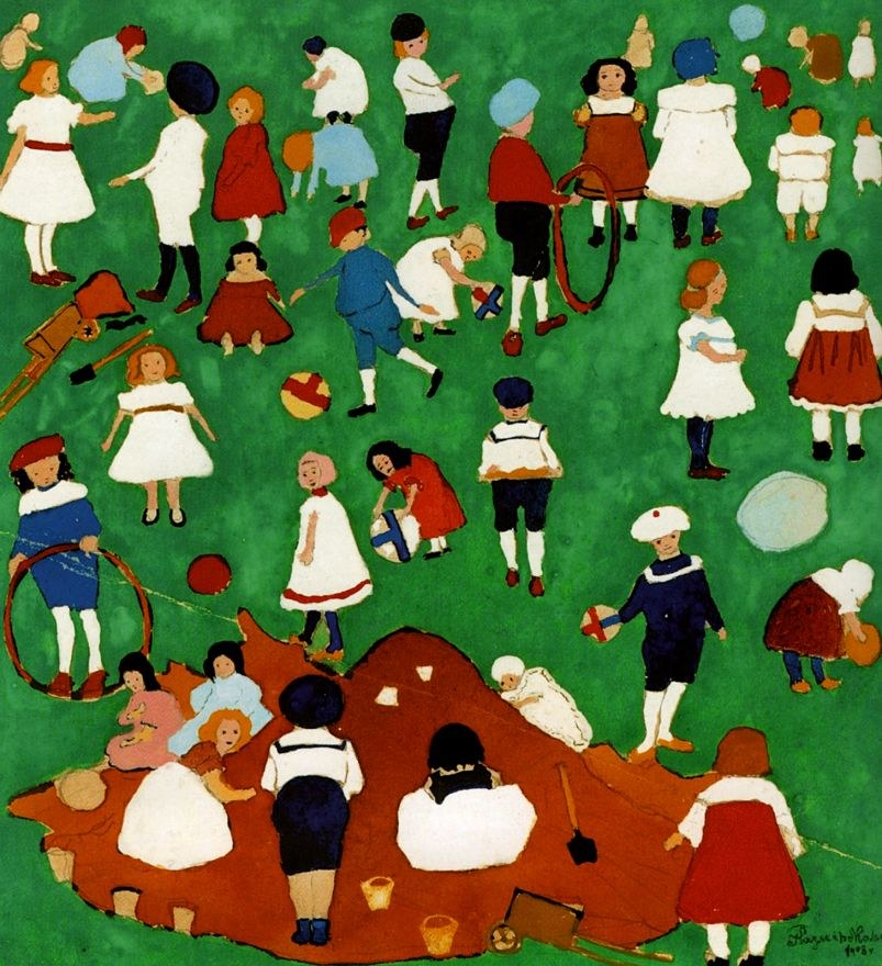 Malerei von Kindern, die auf einem Feld spielen, einige halten Bälle, Schaufeln und andere Gegenstände, mit einem Wasserzeichen auf der rechten Seite.