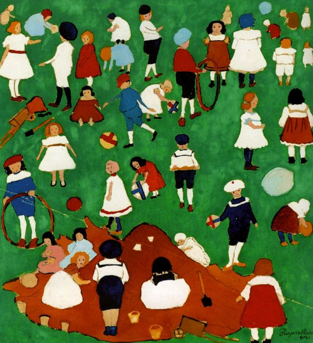 Malerei von Kindern, die auf einem Feld spielen, einige halten Bälle, Schaufeln und andere Gegenstände, mit einem Wasserzeichen auf der rechten Seite.