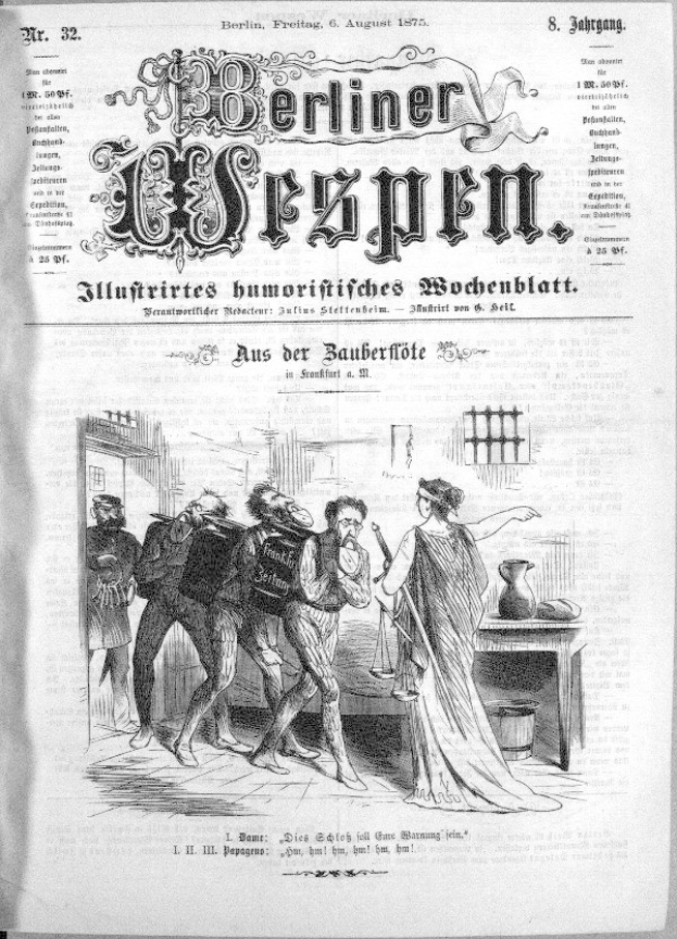 Eine schwarze und weiße Zeitung mit der überschrift "Berliner Wespn, 6. August 1875" zeigt eine Zeichnung einer Gruppe von Menschen in Not, einige schauen ängstlich nach oben, andere verwirrt nach unten.