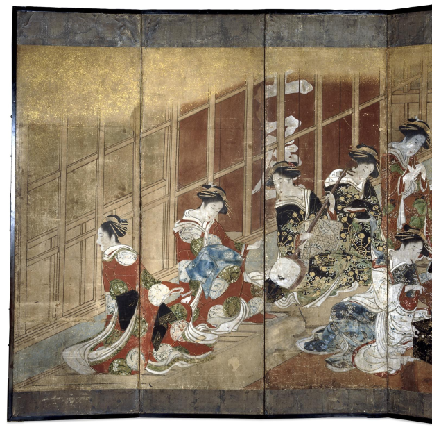 Ein japanischer Vier-Paneel-Bildschirm aus der Meiji-Zeit, der einen Kreis von Frauen in bunten Kimonos vor einem tiefblauen Hintergrund zeigt, wobei eine Frau in der Mitte die Arme ausstreckt.