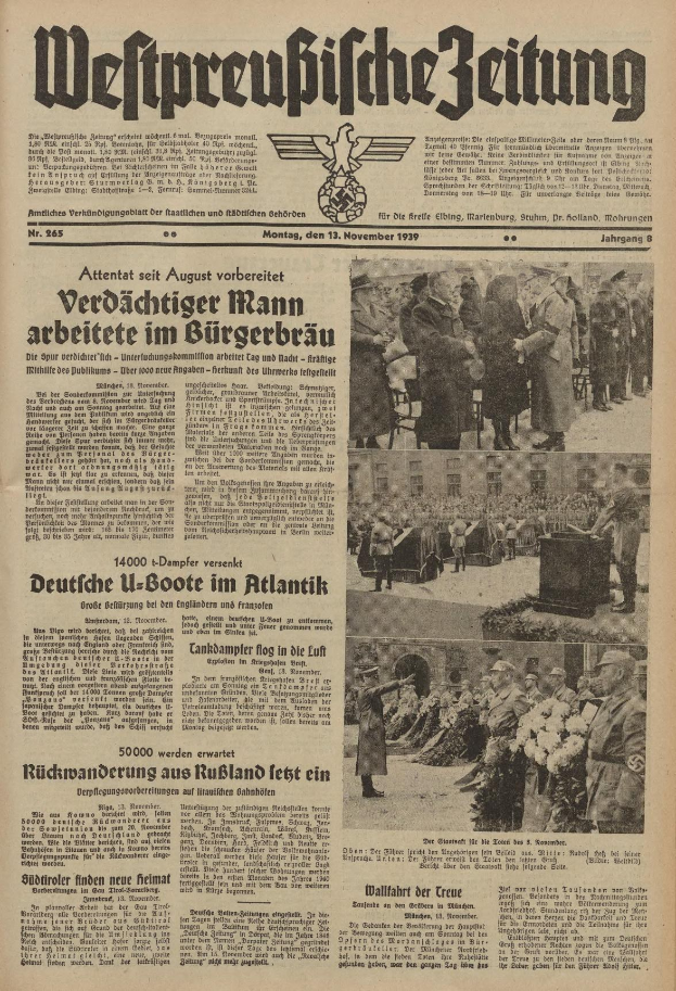 Schwarze-weiße Titelseite einer deutschen Zeitung vom 13. November 1939 mit der Schlagzeile "Weitpreubliche Zeitung" und einem Foto von Menschen in traditioneller deutscher Tracht in einer feierlichen Umgebung.