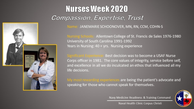 Plakat zur Nurses Week 2020 mit zwei Fotos von Schwestern auf der linken Seite und dem Text "Mitgefühl, Expertise, Vertrauen" auf der rechten Seite, mit einem Logo in der rechten unteren Ecke.