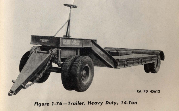 Schwarzes und weißes Foto eines Schwerlastanhängers mit 14-Tonnen-Fassungsvermögen und Textdetails am unteren Rand.
