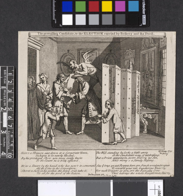 Schwarz-weißes Gravurabbild einer Gruppe von Menschen um ein zentrales Papier mit Text- und Farboptionen, symbolisierend eine durch Bestechung und den Teufel beeinflusste Wahl.