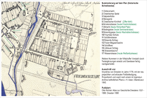 Ein Plakat mit einer detaillierten Karte von Friedrichstadt, Deutschland, mit Straßen, Gebäuden und Sehenswürdigkeiten, begleitet von Text auf der rechten Seite.