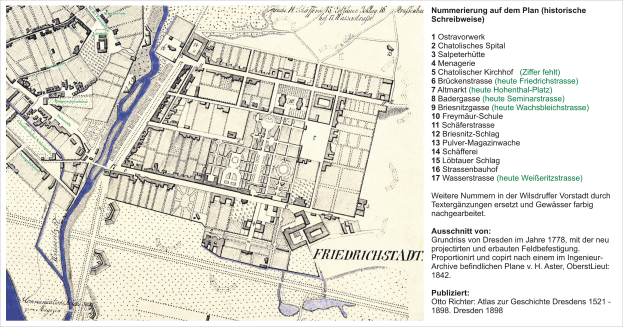 Ein Plakat mit einer detaillierten Karte von Friedrichstadt, Deutschland, mit Straßen, Gebäuden und Sehenswürdigkeiten, begleitet von Text auf der rechten Seite.
