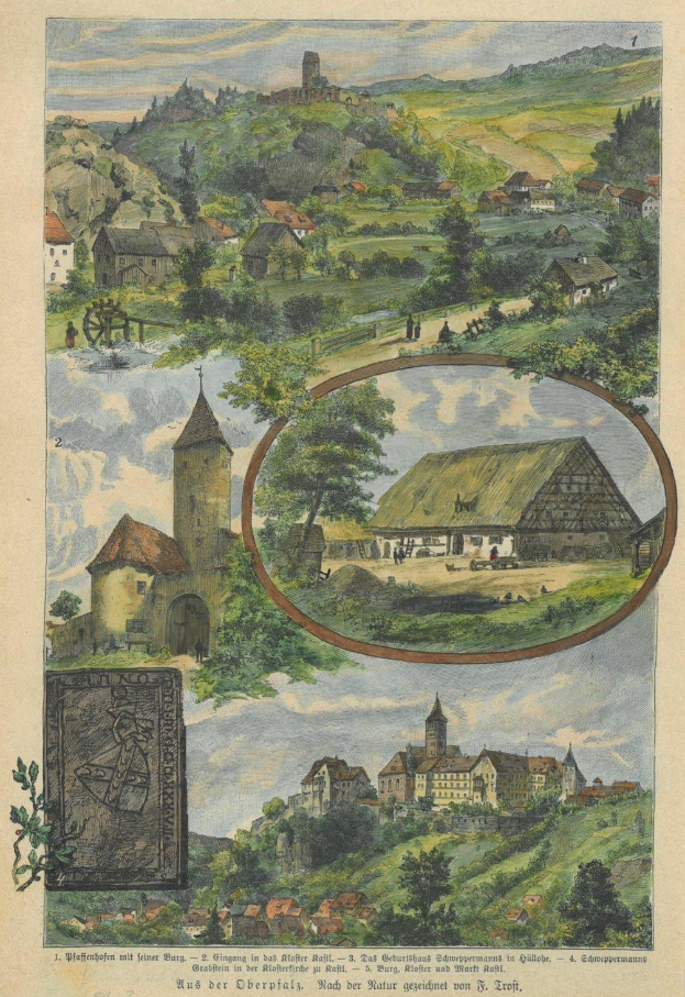 Ein altes Buch mit einer illustrierten Dorfszene namens "Günterberg, Deutschland, 1857", das Häuser, Bäume, Hügel und einen bewölkten Himmel zeigt.