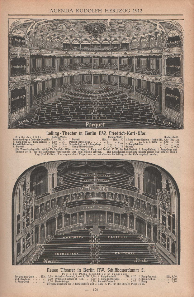 Schwarz-weiß-Illustration einer alten Buchseite mit einer großen Auditoriumszeichnung in Berlin, Deutschland, aus dem Jahr 1912, einschließlich begleitendem Text und Layout-Details.