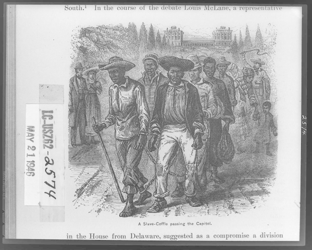 Schwarze und weiße Illustration einer Gruppe von Menschen, die eine Straße entlanggehen, einige tragen Hüte und halten Stöcke, mit Bäumen und einem Gebäude im Hintergrund und Text unten, der "South im Laufe der Debatte Louis McLane, ein Abgeordneter im Repräsentantenhaus aus Delaware, schlug als Kompromiss eine Teilung" liest.