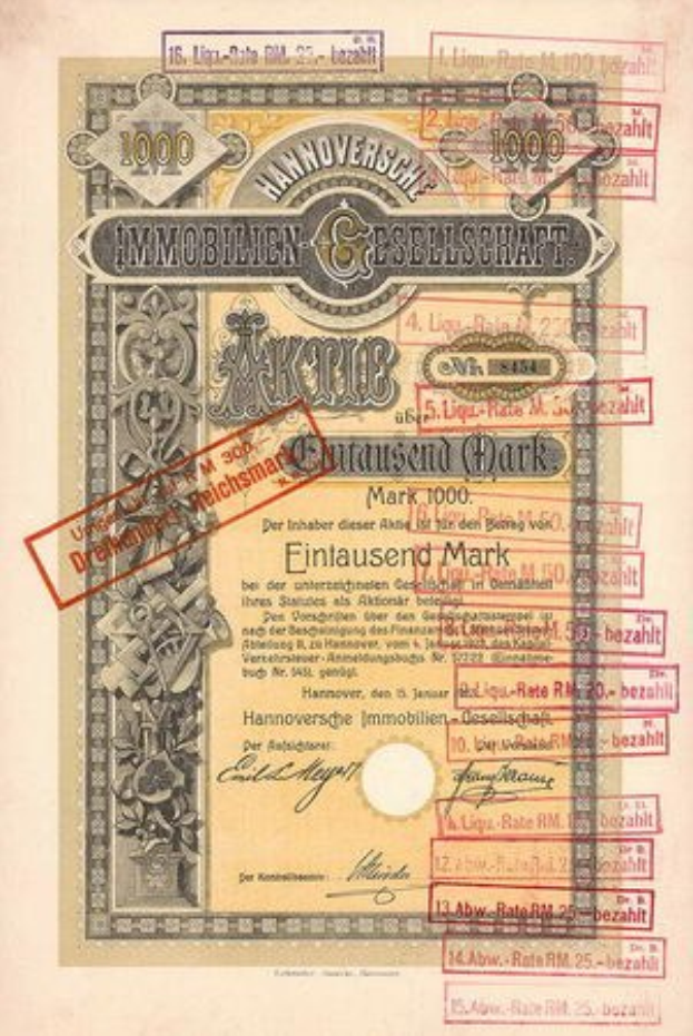 Alter deutscher Regierungsschatzschein mit rotem Stempel, Text und Zahlen auf altem Papier.