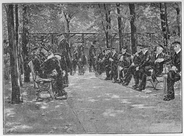 Schwarzes und weiße Foto von Menschen, die auf Parkbänken sitzen, mit Bäumen und einer Hütte im Hintergrund, mit Text unten, der den Standort als New York Public Library, New York City, New Jersey, USA identifiziert.