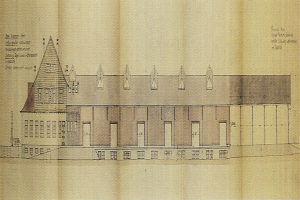 Schwarz-weißes Architekturzeichnung eines mehrfenstrigen Schulgebäudes auf Papier mit begleitendem Text.