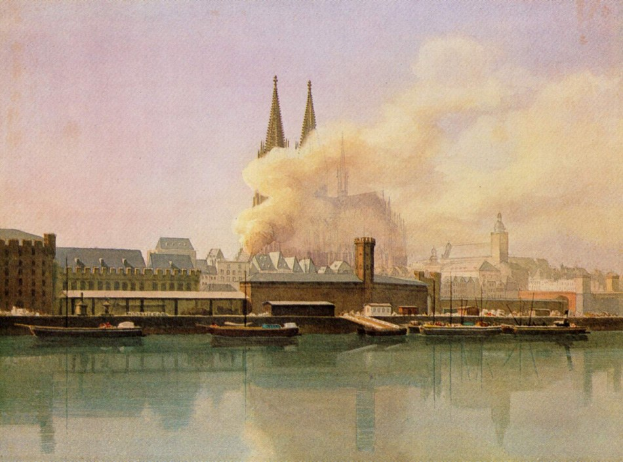 Gemälde einer 19. Jahrhundert-Köln-Stadtansicht mit Booten, Gebäuden, Rauch und Himmel, beschriftet mit "Cologne, Germany in the 19th century" unten.