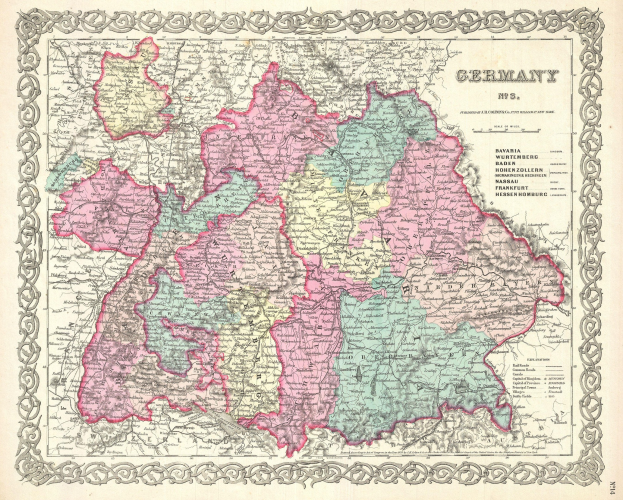 Alte Deutschlandkarte auf Papier, zeigt die Provinzen Bayern, Baden-Württemberg und Baden mit regionalen Textdetails.