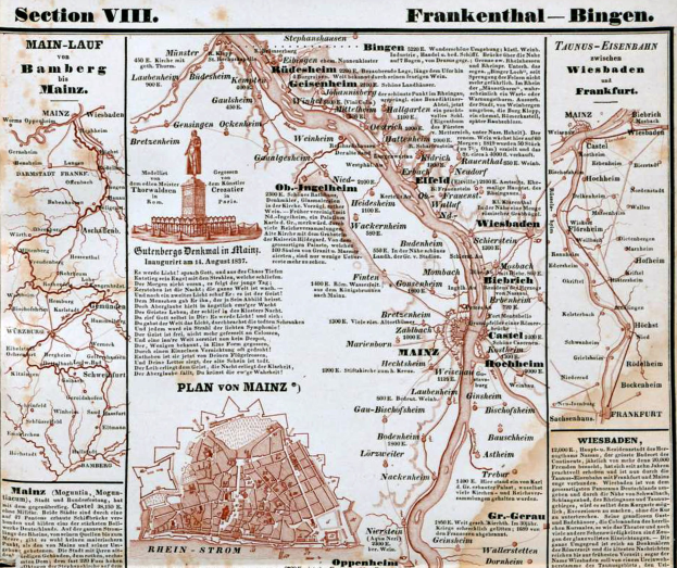 Ein detaillierter alter Stadtplan von Frankfurt, Deutschland, der Straßen, Gebäude, Sehenswürdigkeiten und begleitenden Text mit Informationen über die Stadt zeigt.