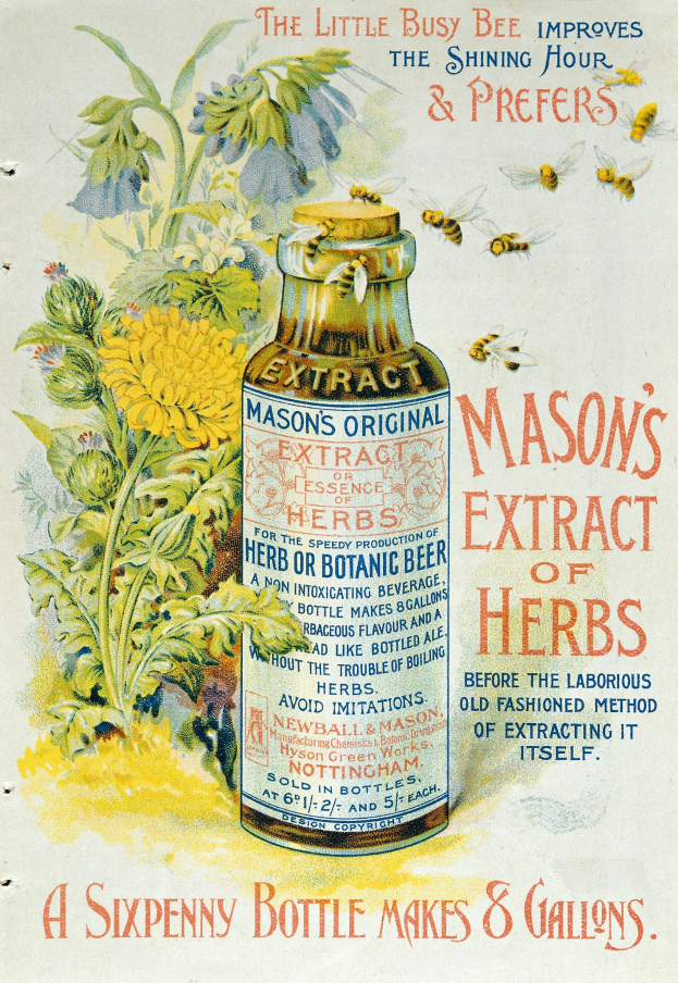Plakat mit einer Flasche, die mit "Masons Extrakt aus Kräutern" beschriftet ist und von Blumen und Bienen umgeben ist, mit zusätzlichem Text, der das Produkt beschreibt.