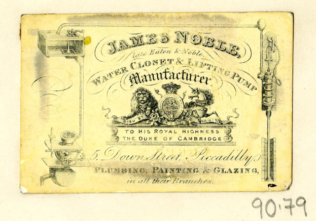 Visitenkarte für James Noble Water Closet & Lifting Pump Manufacturer mit Text, der das Produkt und seine Merkmale beschreibt.