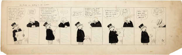 Ein Comic-Strip-Panel mit einem Mann in Zylinder und einer Frau in einem Kleid in einer Diskussion, wobei der Mann ein Blatt Papier hält.