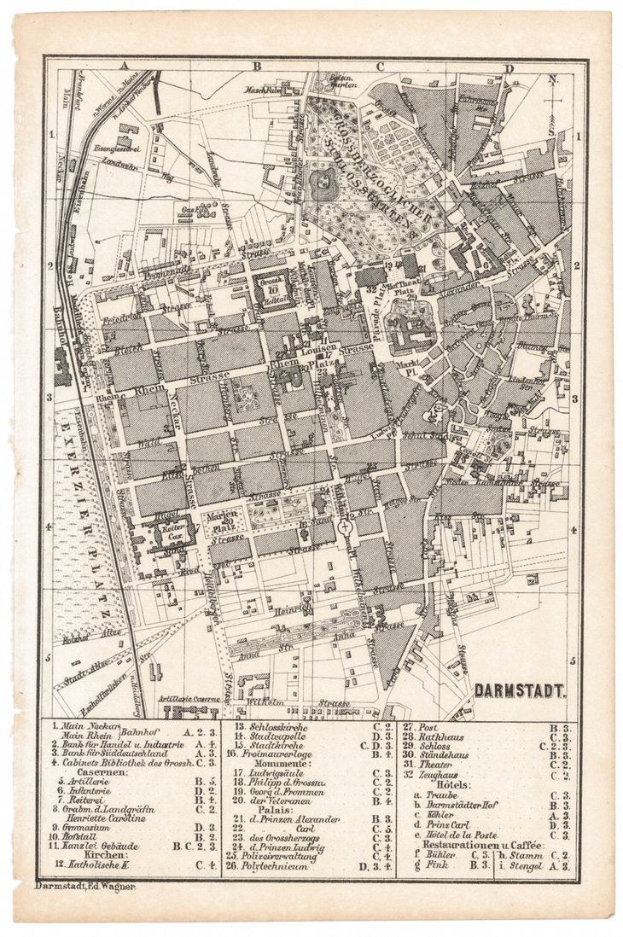 Detailierte alte Karte von Darmstadt, Deutschland, zeigt Straßen, Gebäude, Sehenswürdigkeiten und Text mit Entfernungen und Namen.