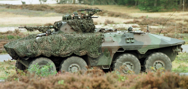Militärisches Personalfahrzeug mit montierter Kanone auf einer Straße neben einem Wald.