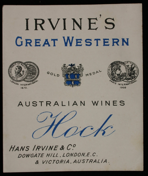 Plakatwerbung für Irvine's Große Western-Australische Weine, das Unternehmenstext und -logos zeigt.