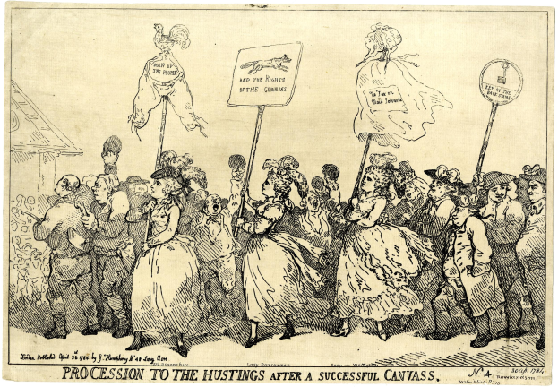 Eine Papierreproduktion, die eine Menge Menschen mit Schildern zeigt, die den Text 'Prozession zum Hustings nach einem erfolgreichen Canvas' tragen.