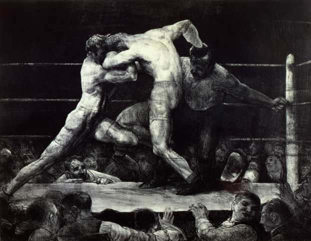 Schwarz-weiß-Zeichnung von zwei Boxern im Ring, die sich gegenseitig Schläge versetzen, während eine jubelnde Menge zusieht.