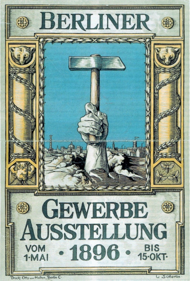 Plakat aus dem Jahr 1896 zur Berliner Gewerbeausstellung, das eine Hand mit einem Hammer zeigt und ein Konzert oder Ereignis in Berlin, Deutschland, bewirbt.