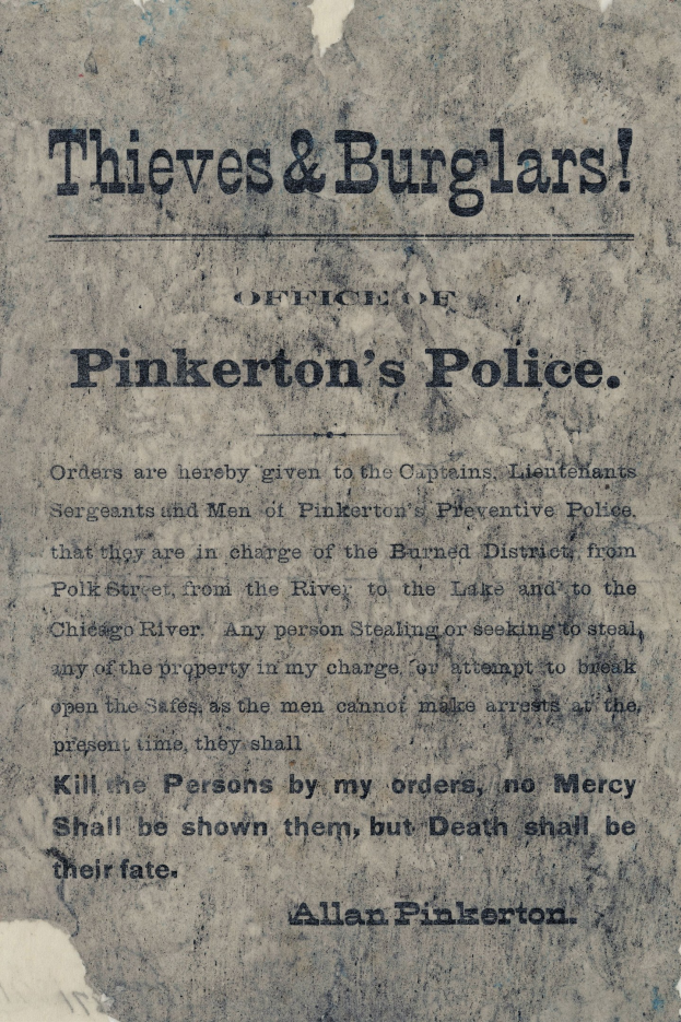 Plakat mit fettem schwarzem Text "Diebe & Einbrecher Pinkerton's Polizei" in der Mitte auf einem weißen Hintergrund gerahmt von einem schmalen schwarzen Rand.