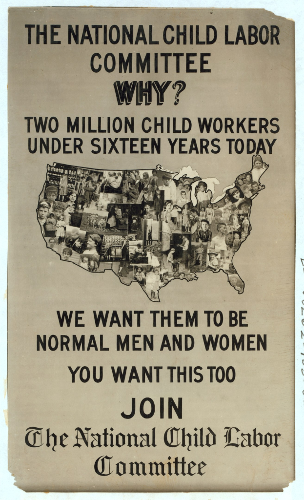 Plakat mit der Aufschrift "Das Nationale Komitee gegen Kinderarbeit: Warum? Zweieinhalb Millionen Kinderarbeiter unter sechzehn Jahren heute" mit einer USA-Karte und mehreren illustrierten Gesichtern, die Komiteemitglieder darstellen.